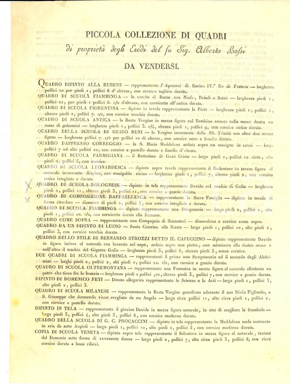 Documento originale, autentico 1840 ca MILANO Casa TINELLI Piccola collezione di quadri Eredi Alberto BOSSI 1