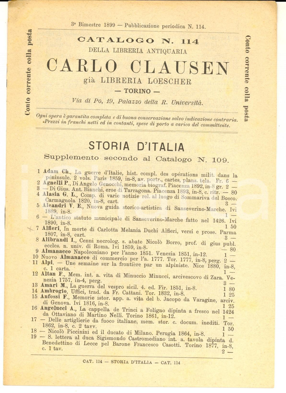 1899 TORINO Catalogo libreria antiquaria Carlo CLAUSEN n. 114 Storia d'Italia CONDIZIONI: FAIR    originale e autentica 1