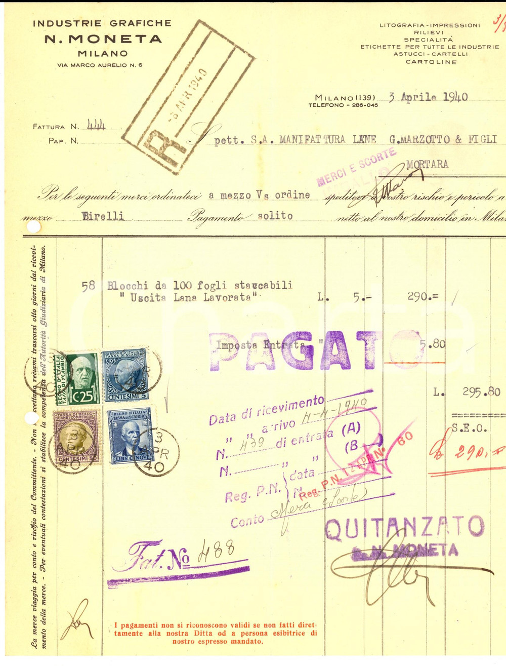 Documento originale, autentico 1940 MILANO Industrie grafiche N. MONETA Fattura intestata per listini 1