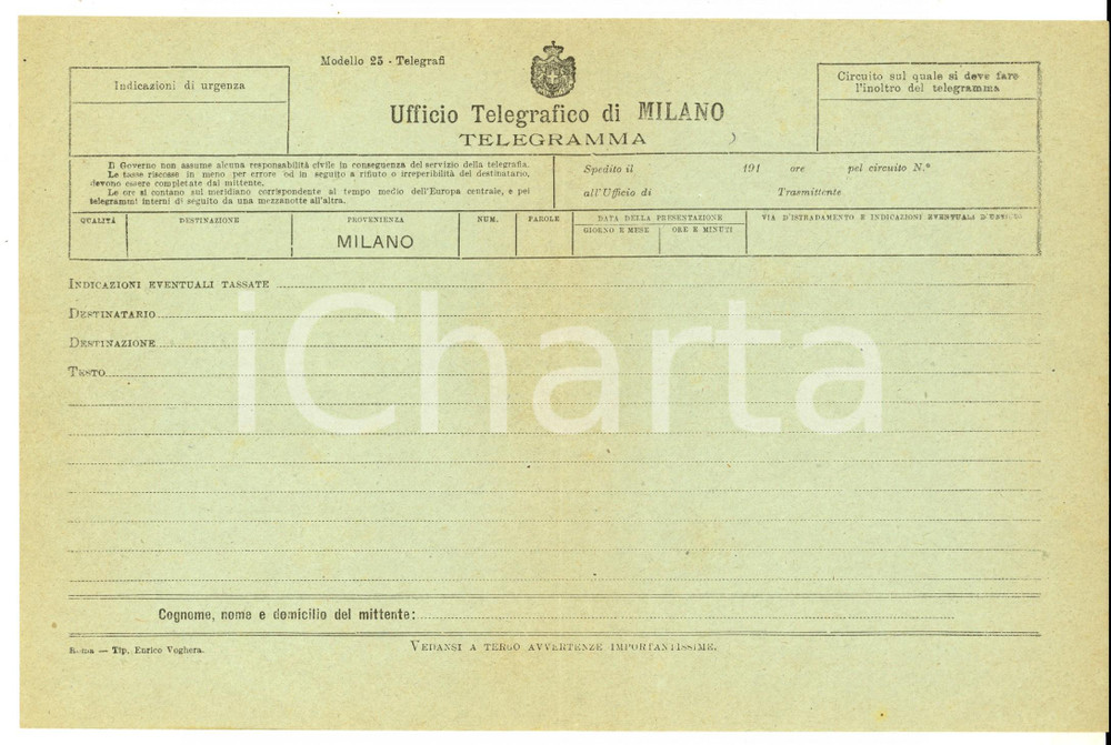 Documento originale, autentico 1910 ca MILANO Ufficio telegrafico  Modello telegramma VUOTO nÂ° 25 1
