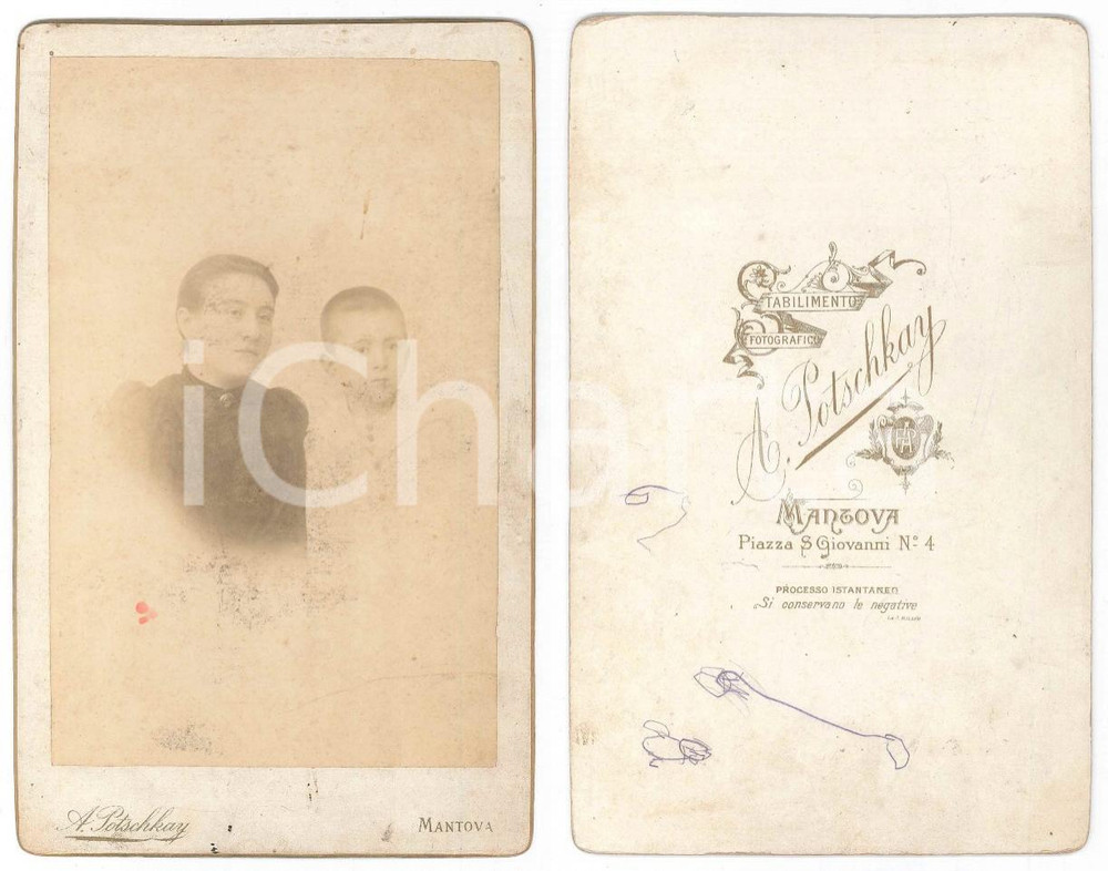 Fotografia d epoca originale 1890 ca MANTOVA Ritratto di madre e figlio  Foto A. POTSCHKAY 12x20 cm 1