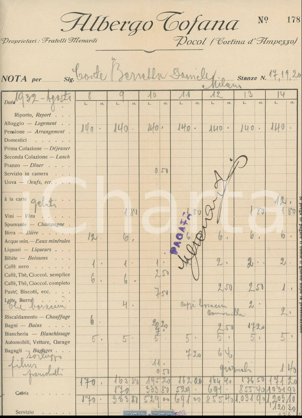 1932 CORTINA D'AMPEZZO /POCOL Albergo TOFANA - Fattura intestata Fattura d'epoca manoscritta, su carta intestata. PAGINE: 1 POOR/danneggiato piegature d'epoca e gualciture Formato: 24x33 cm originale e autentica 1