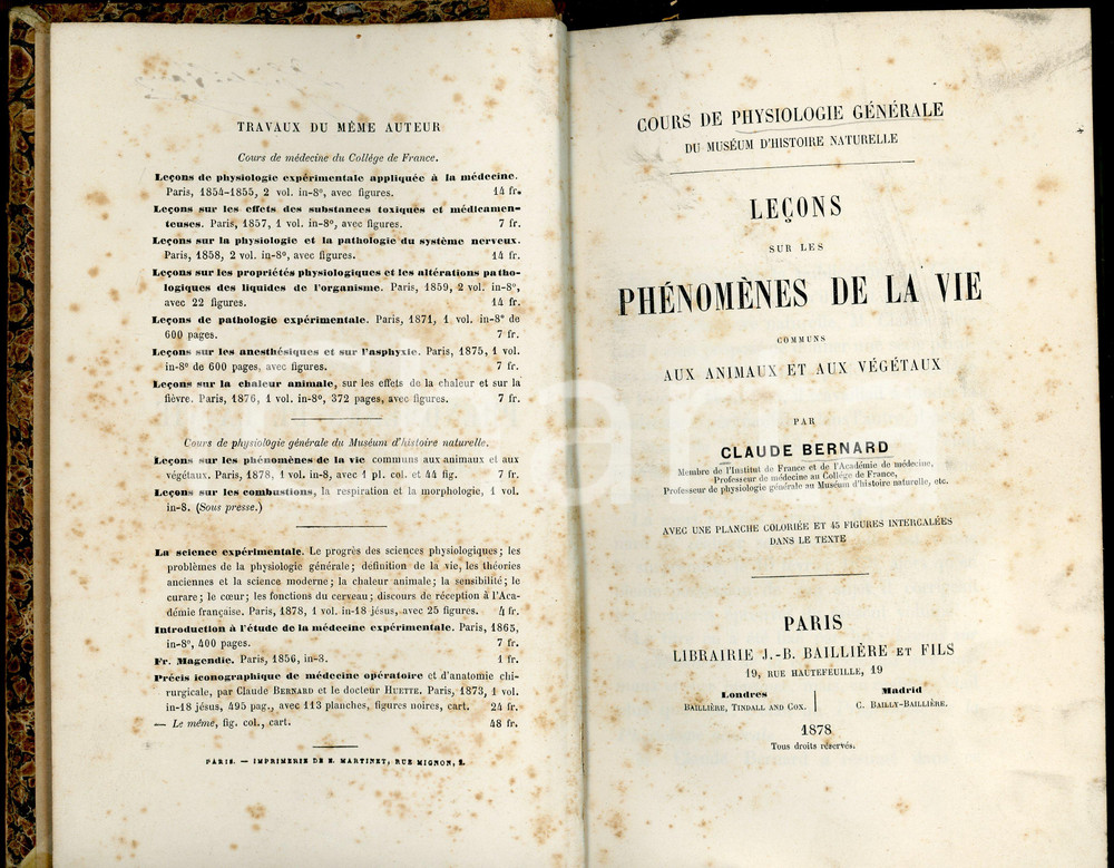 1878 Claude BERNARD Phénomènes de la vie communs aux animaux et aux végétaux Brossura editoriale con copertina rigida.TITOLO: Lecons sur les phénomènes de la vie communs aux animaux et aux végétauxEDITORE: Librairies J. B. Baillière et fils - ParisCOLLANA: Cours de physiologie générale du Muséum d'Histoire naturellePAGINE: 554 VERY POOR/gravemente danneggiato Bruniture diffuse, ingialliture alle pagine, macchie diffuse, parziale distacco della legatura dal dorso Formato: 13x22 cm originale e autentica 1