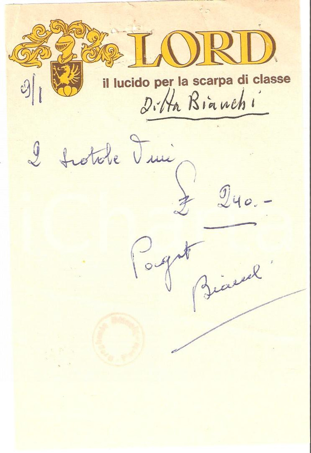 Materiale pubblicitario d’epoca 1965 ca PAVIA Drogheria Bianchi LORD Lucido da scarpe *Ricevuta 9x13 cm (3) 1
