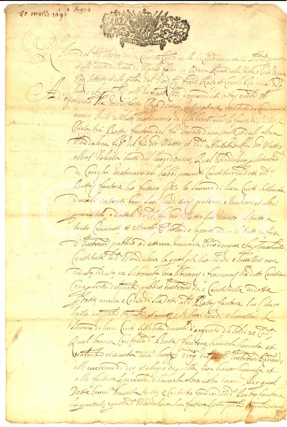 Documento originale, autentico 1696 OSTANA Dote di Maddalena MATTIO per nozze con Battista FANTONE 1