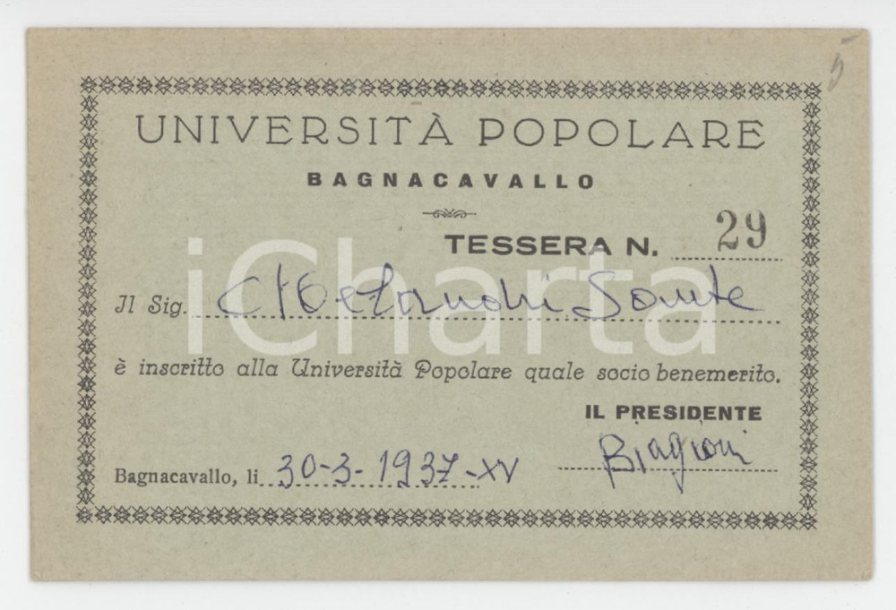 1937 BAGNACAVALLO Università Popolare *Tessera 10x6 cm Tessera d'epoca.  FAIR/discreto Lievi smussature agli angoli Formato: 10x6 cm originale e autentica 1