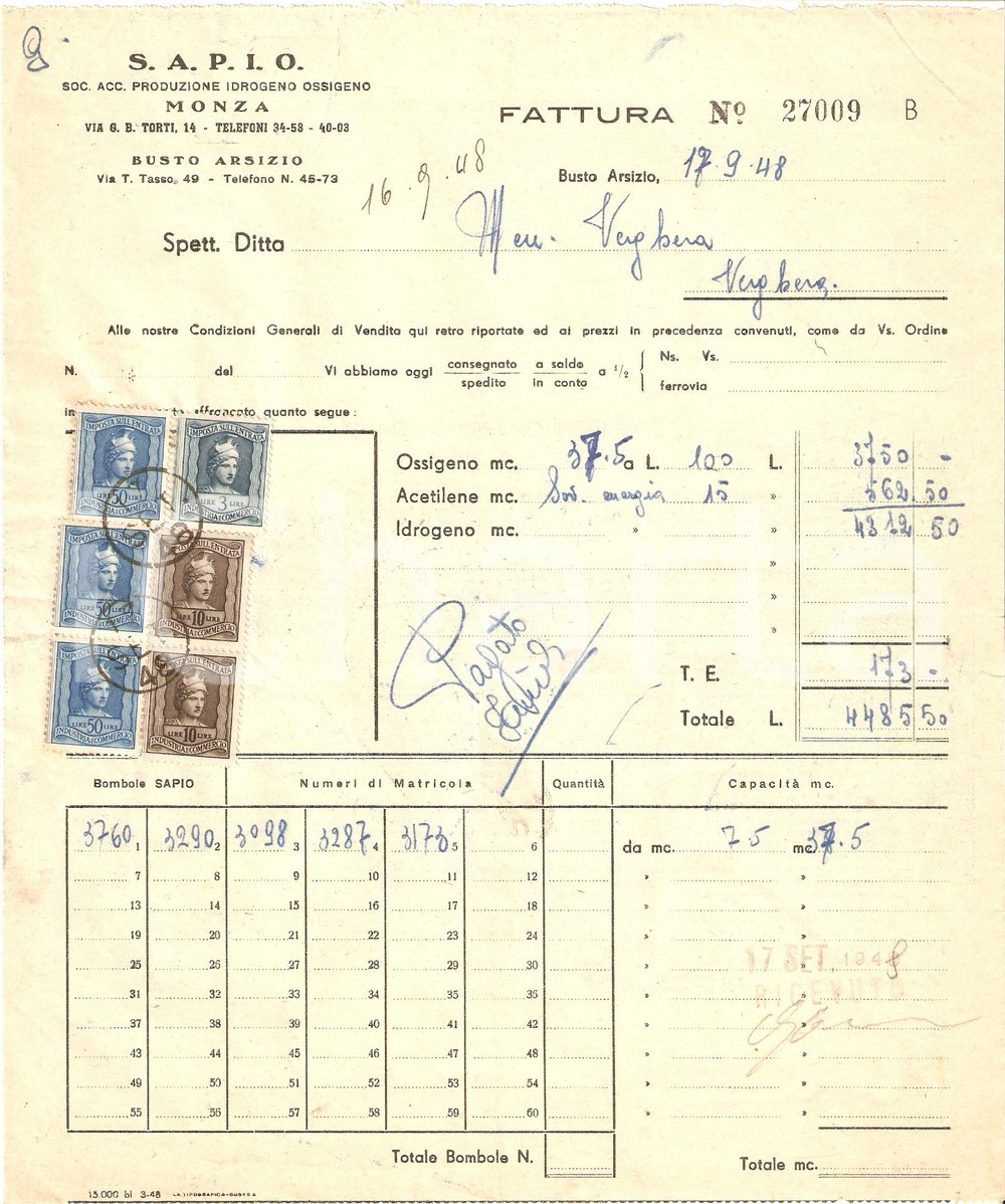 Manoscritto, lettera originale 1948 BUSTO ARSIZIO VA SocietÃ  SAPIO Produzione idrogreno ossigeno Fattura 2 1