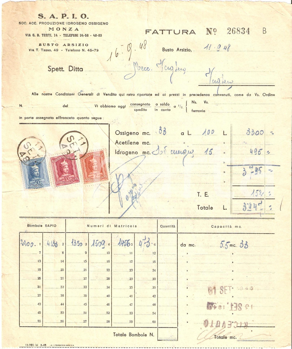 Documento originale, autentico 1948 BUSTO ARSIZIO VA SocietÃ  SAPIO Produzione idrogreno ossigeno Fattura 3 1