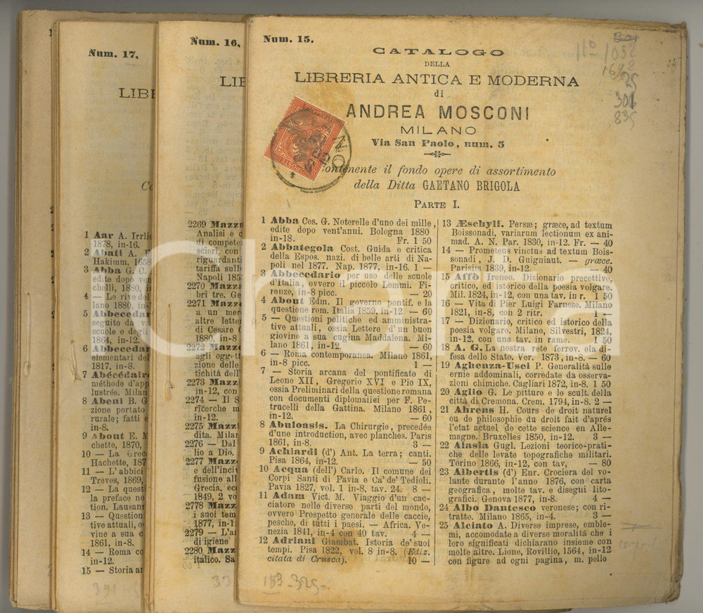 Libro, pubblicazione d epoca 1883 MILANO Catalogo Libreria Andrea MOSCONI Fondo Gaetano BRIGOLA 5 parti 1