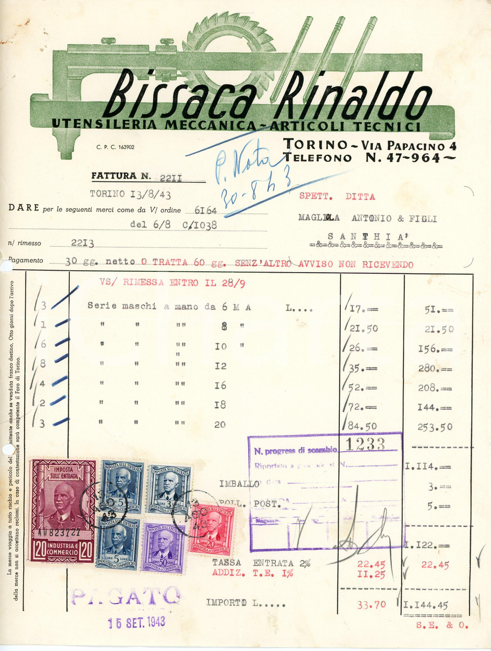 1943 TORINO via Papacino 4 - Rinaldo BISSACA Utensileria meccanica *Fattura Fattura commerciale d'epoca, dattiloscritta , su carta intestata.Torino -Via Papacino 4Presente marca da bollo.CONDIZIONI: POOR (piegature d'epoca, fori da classificatore al margine sinistro, strappo e piegature al margine sinistro)PAGINE: 1    originale e autentica 1