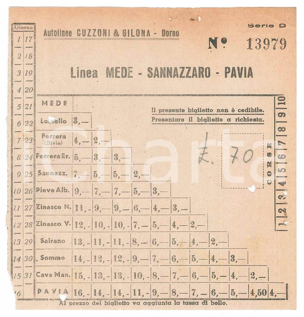 Oggetto da collezione cartaceo 1960 ca DORNO Autolinee CUZZONI & GILONA Linea MEDESANNAZZAROPAVIA Biglietto 1 1