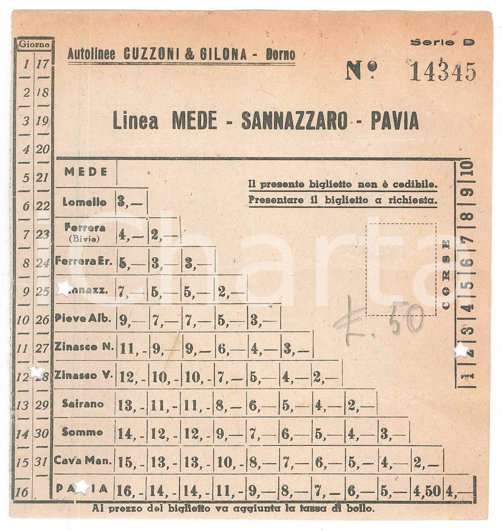 Oggetto da collezione cartaceo 1960 ca DORNO Autolinee CUZZONI & GILONA Linea MEDESANNAZZAROPAVIA Biglietto 2 1