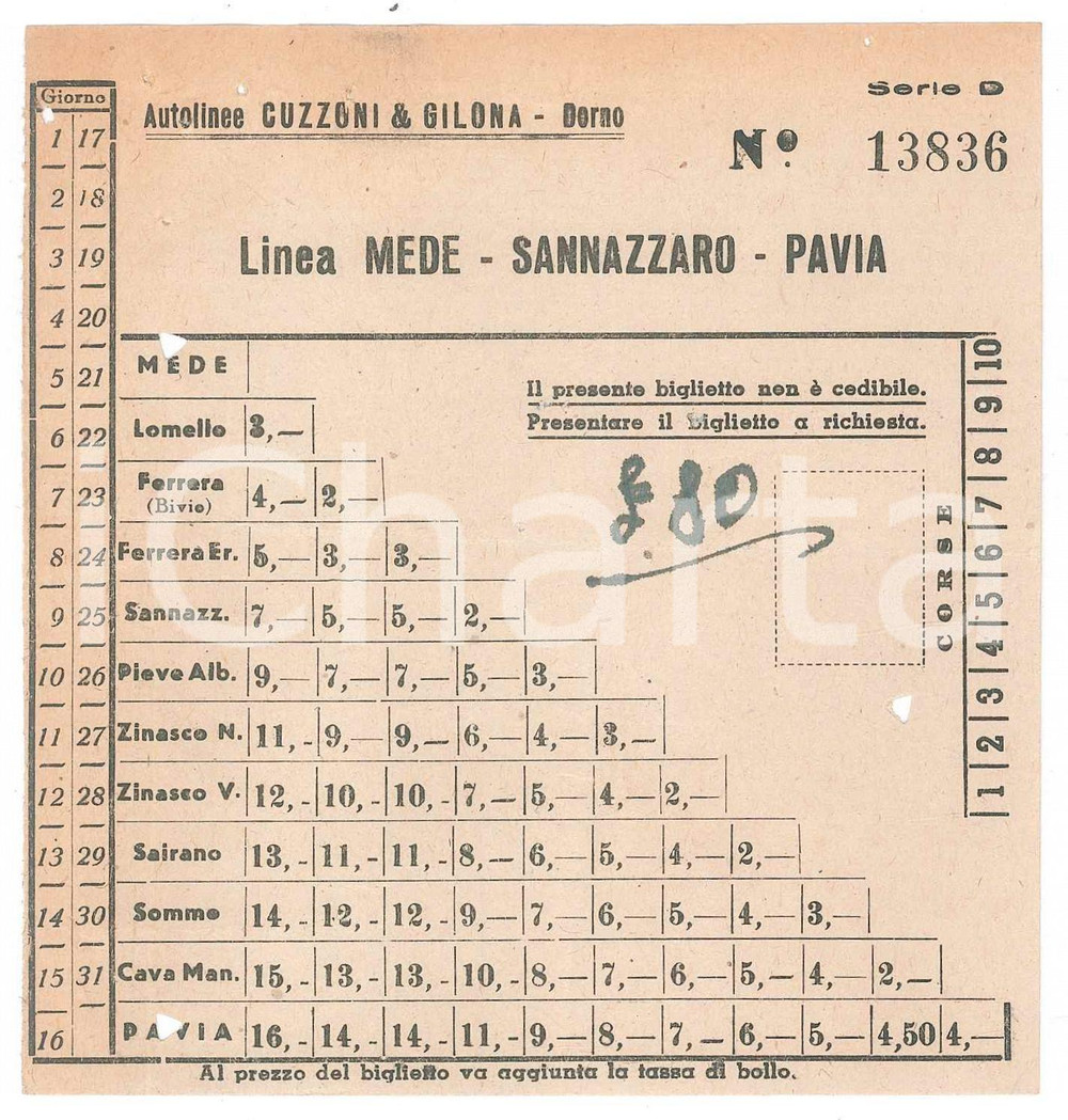 Oggetto da collezione cartaceo 1960 ca DORNO Autolinee CUZZONI & GILONA Linea MEDESANNAZZAROPAVIA Biglietto 3 1
