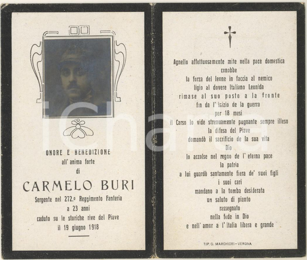 Oggetto da collezione cartaceo 1918 WW1 Carmelo BURI Sergente 272° Fanteria  Santino con vera foto 1