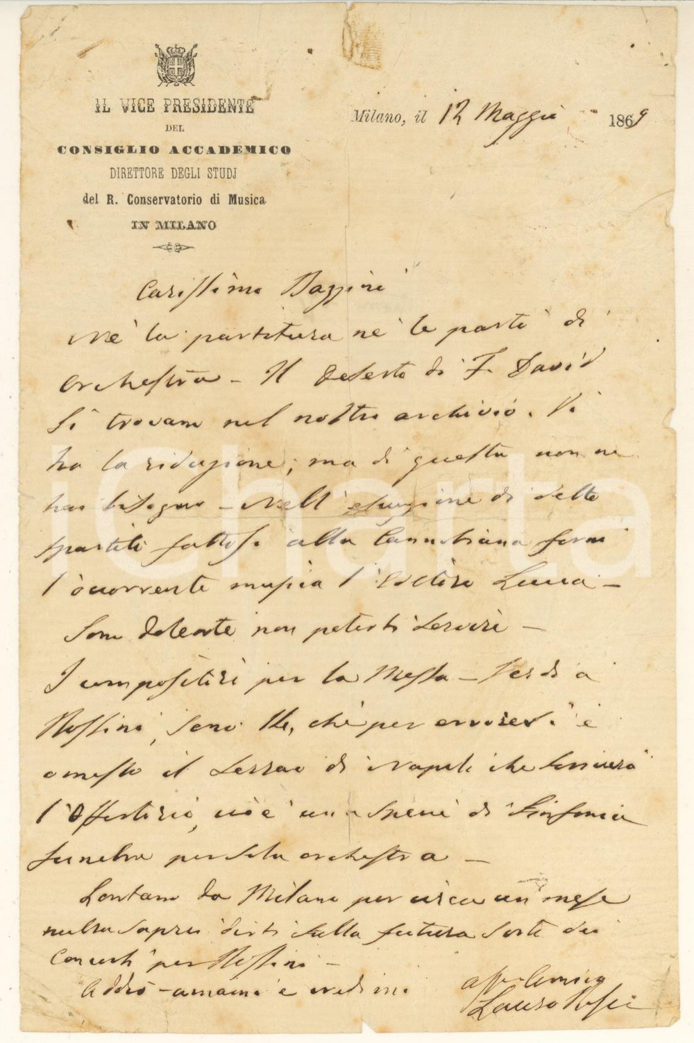 Autografo originale 1869 MILANO R. Conservatorio   Lettera Lauro ROSSI su partitura  Autografo 1