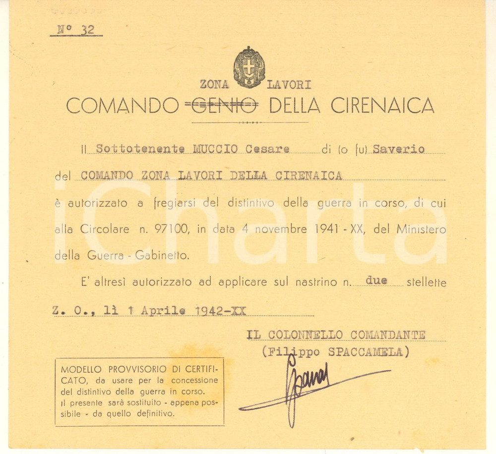 Documento originale, autentico 1942 WW2 LIBIA ITALIANA Comando della Cirenaica  Autorizzazione distintivo 1