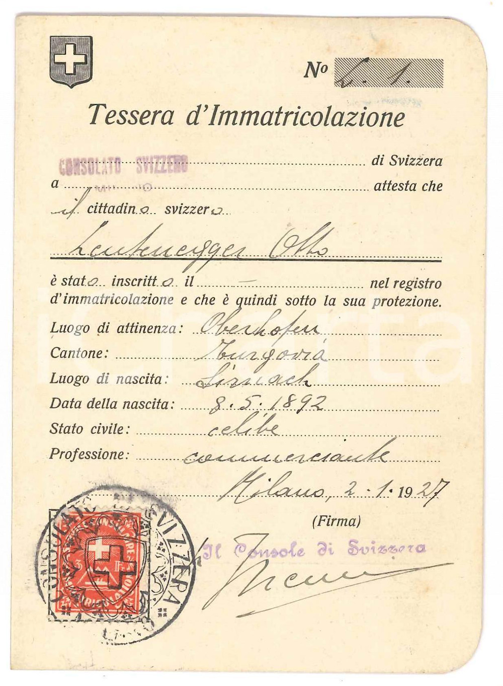 Oggetto da collezione cartaceo 1927 MILANO Consolato Svizzero  Tessera immatricolazione Otto LEUTENEGGER 1