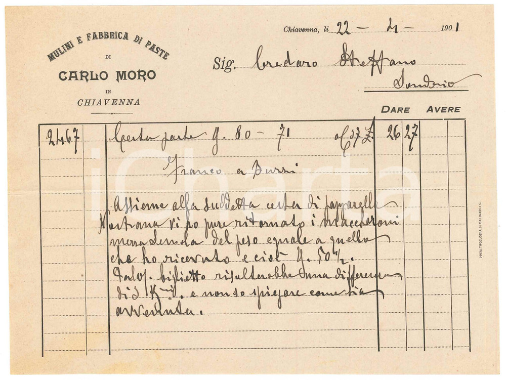 Documento originale, autentico 1901 CHIAVENNA Mulini e fabbrica di paste di Carlo MORO Fattura 1