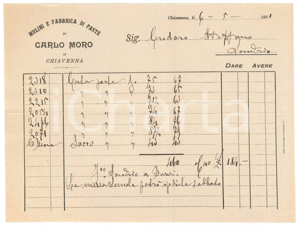 Documento originale, autentico 1901 CHIAVENNA Mulini e fabbrica di paste di Carlo MORO Fattura 1 1