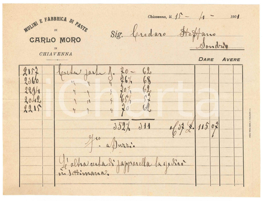 Documento originale, autentico 1901 CHIAVENNA Mulini e fabbrica di paste di Carlo MORO Fattura 3 1