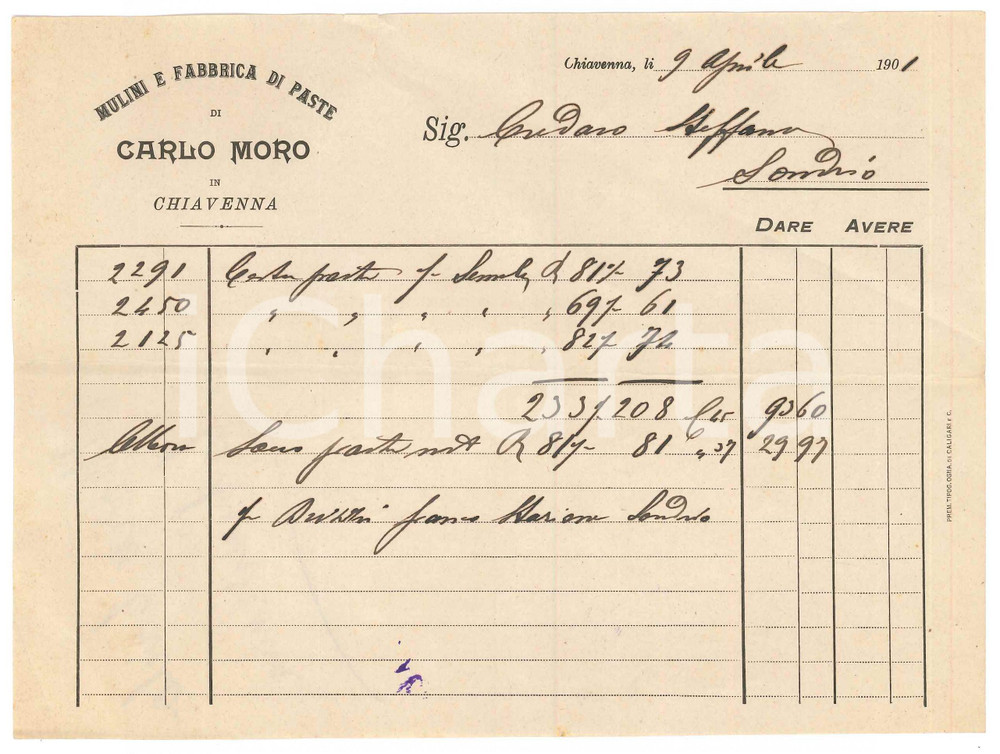 Documento originale, autentico 1901 CHIAVENNA Mulini e fabbrica di paste di Carlo MORO Fattura 2 1