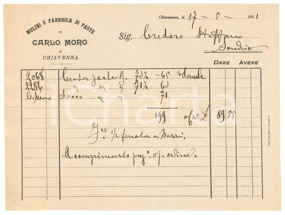 Documento originale, autentico 1901 CHIAVENNA Mulini e fabbrica di paste di Carlo MORO Fattura 4 1