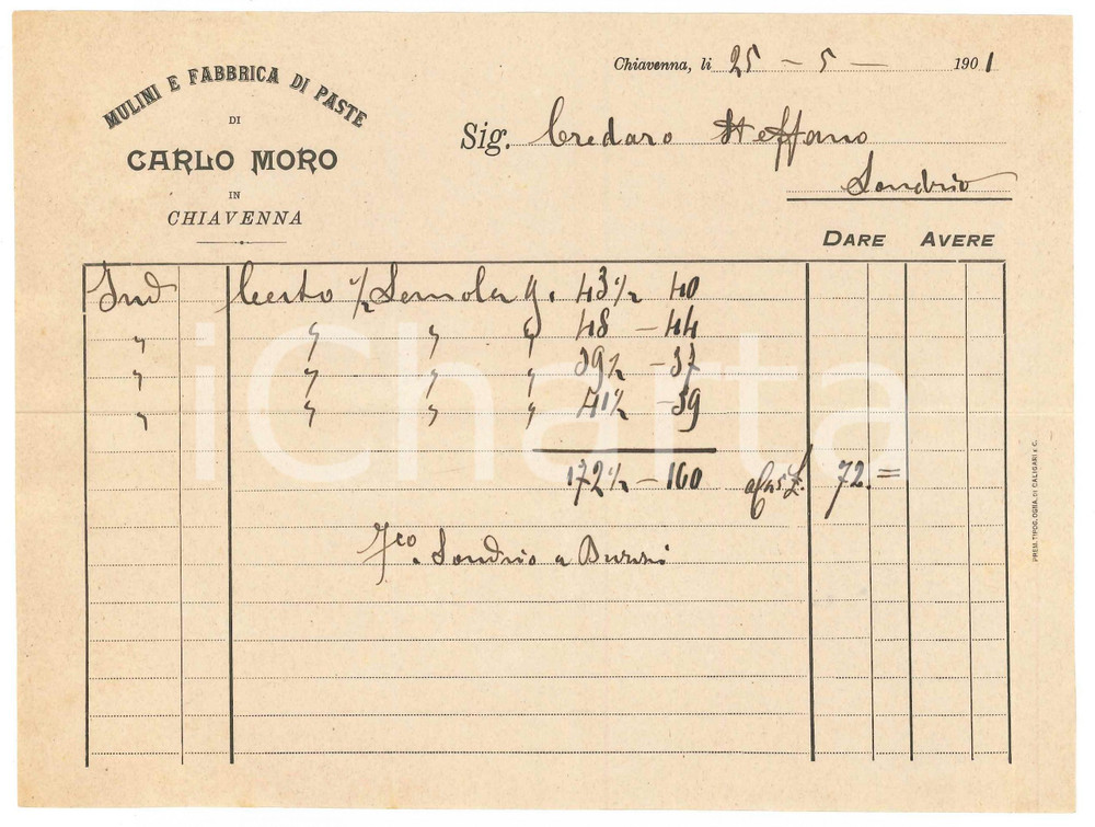 Documento originale, autentico 1901 CHIAVENNA Mulini e fabbrica di paste di Carlo MORO Fattura 5 1