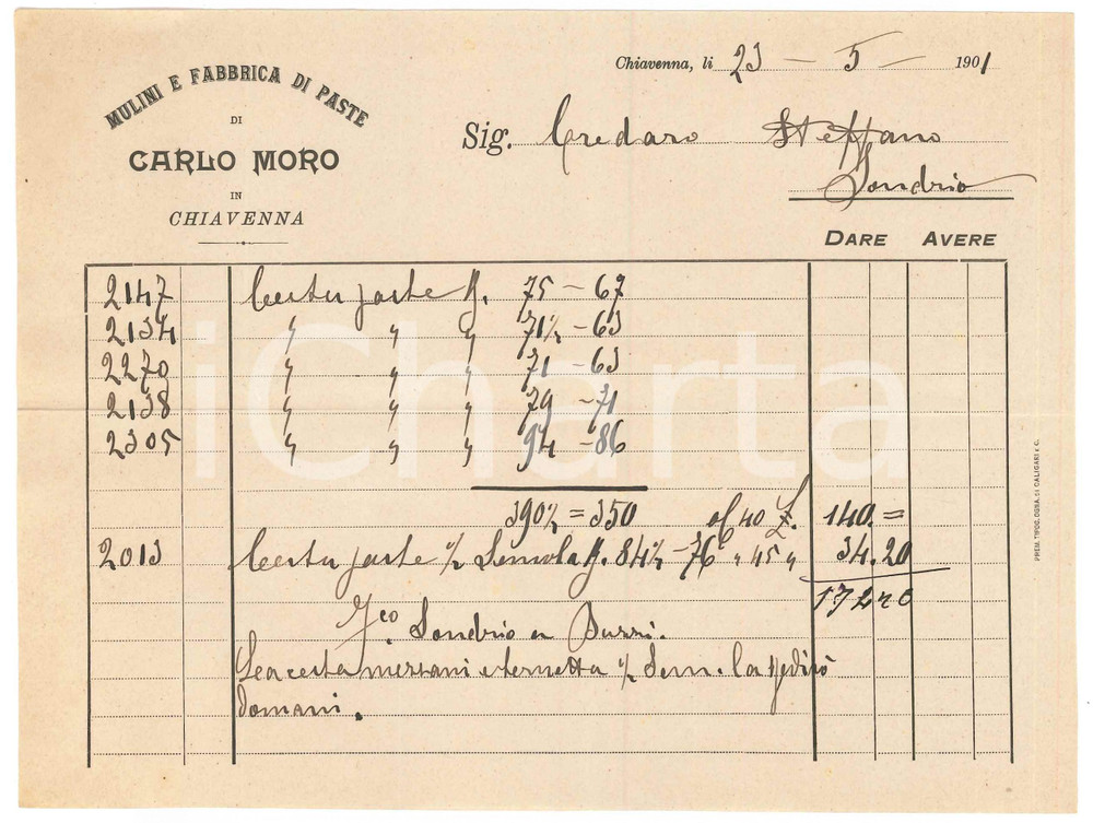 Documento originale, autentico 1901 CHIAVENNA Mulini e fabbrica di paste di Carlo MORO Fattura 6 1