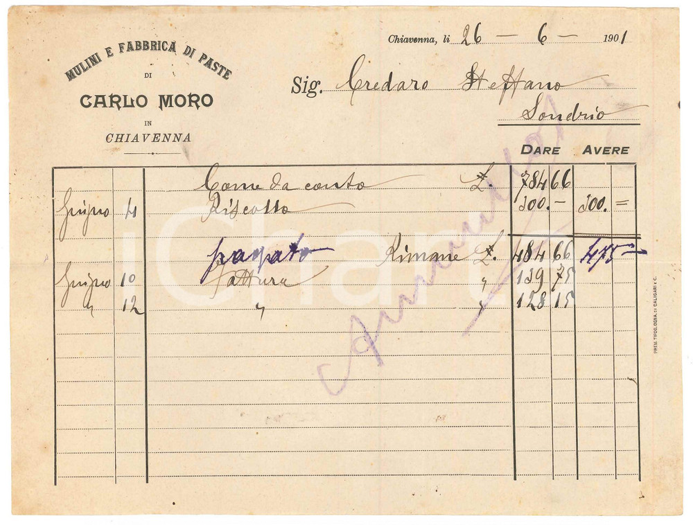 Documento originale, autentico 1901 CHIAVENNA Mulini e fabbrica di paste di Carlo MORO Fattura 7 1