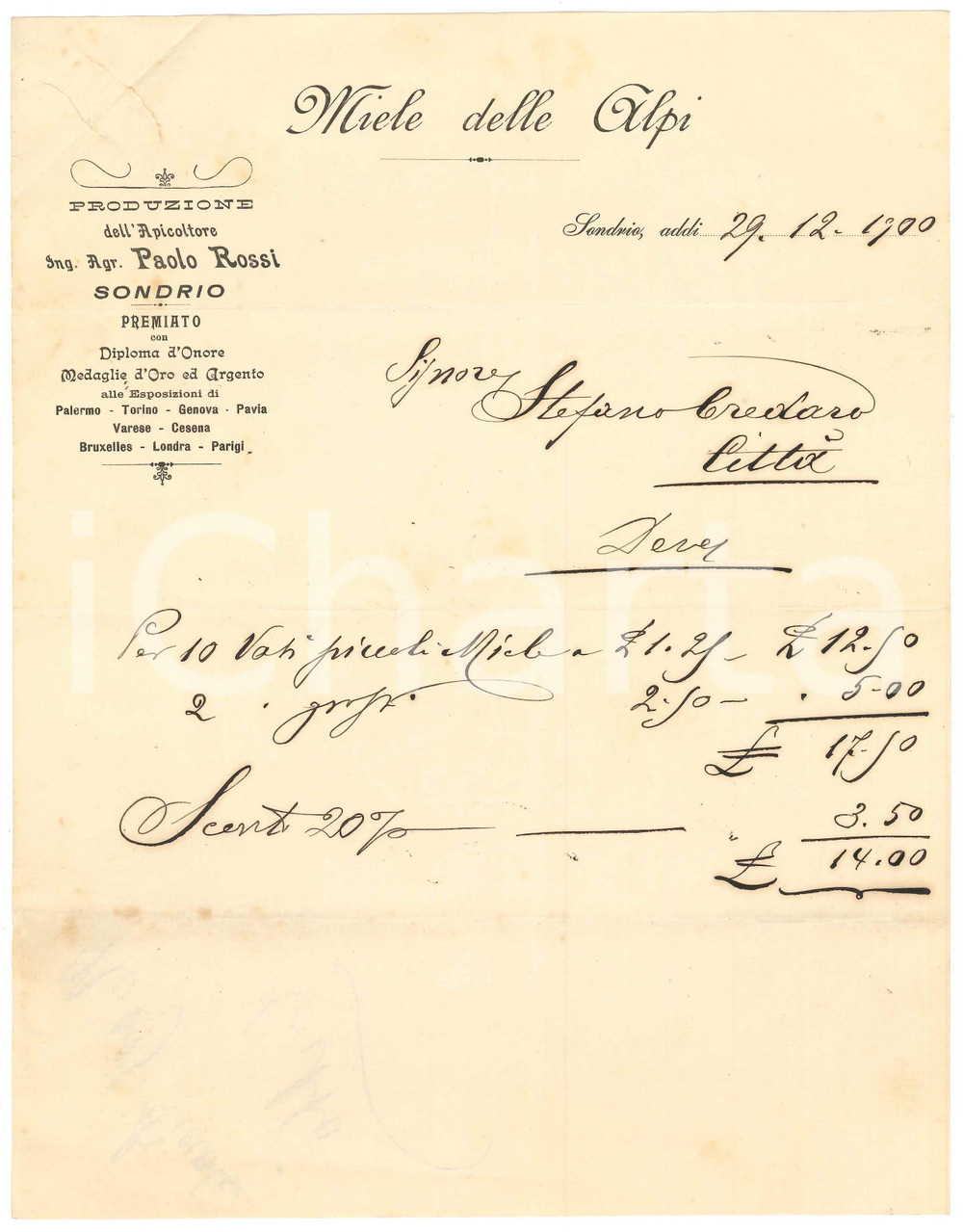 Documento originale, autentico 1900 SONDRIO  MIELE DELLE ALPI Apicoltore Paolo ROSSI Fattura 1
