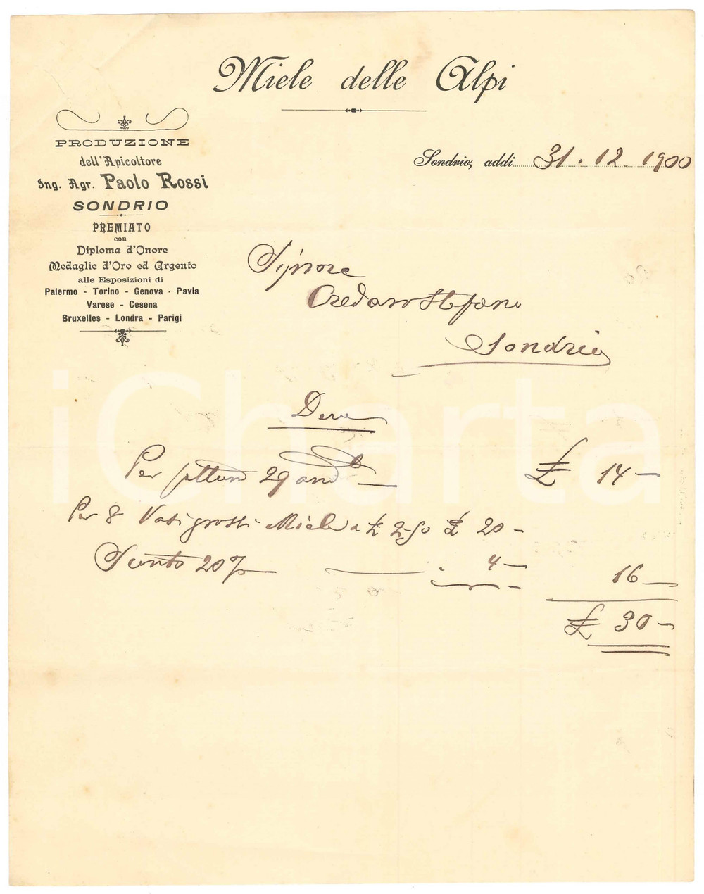 Documento originale, autentico 1900 SONDRIO  MIELE DELLE ALPI Apicoltore Paolo ROSSI Fattura 1 1