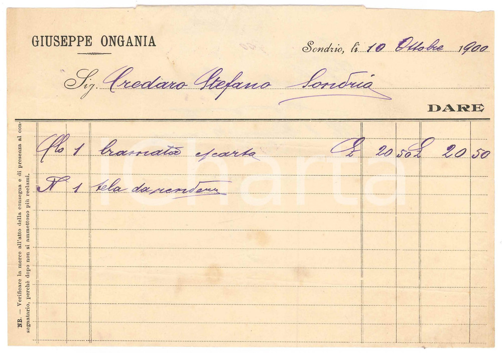 Documento originale, autentico 1900 SONDRIO Giuseppe ONGANIA Fattura per farina bramata 1