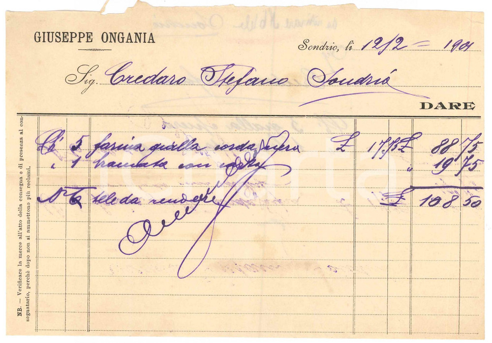 Documento originale, autentico 1901 SONDRIO Giuseppe ONGANIA Fattura per farina gialla 1