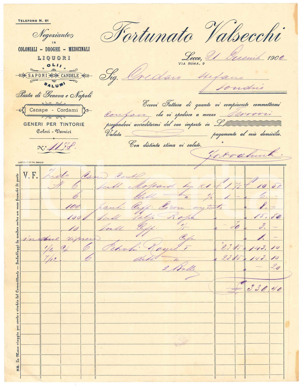 Documento originale, autentico 1900 LECCO Fortunato VALSECCHI Negoziante in coloniali e droghe  Fattura 1