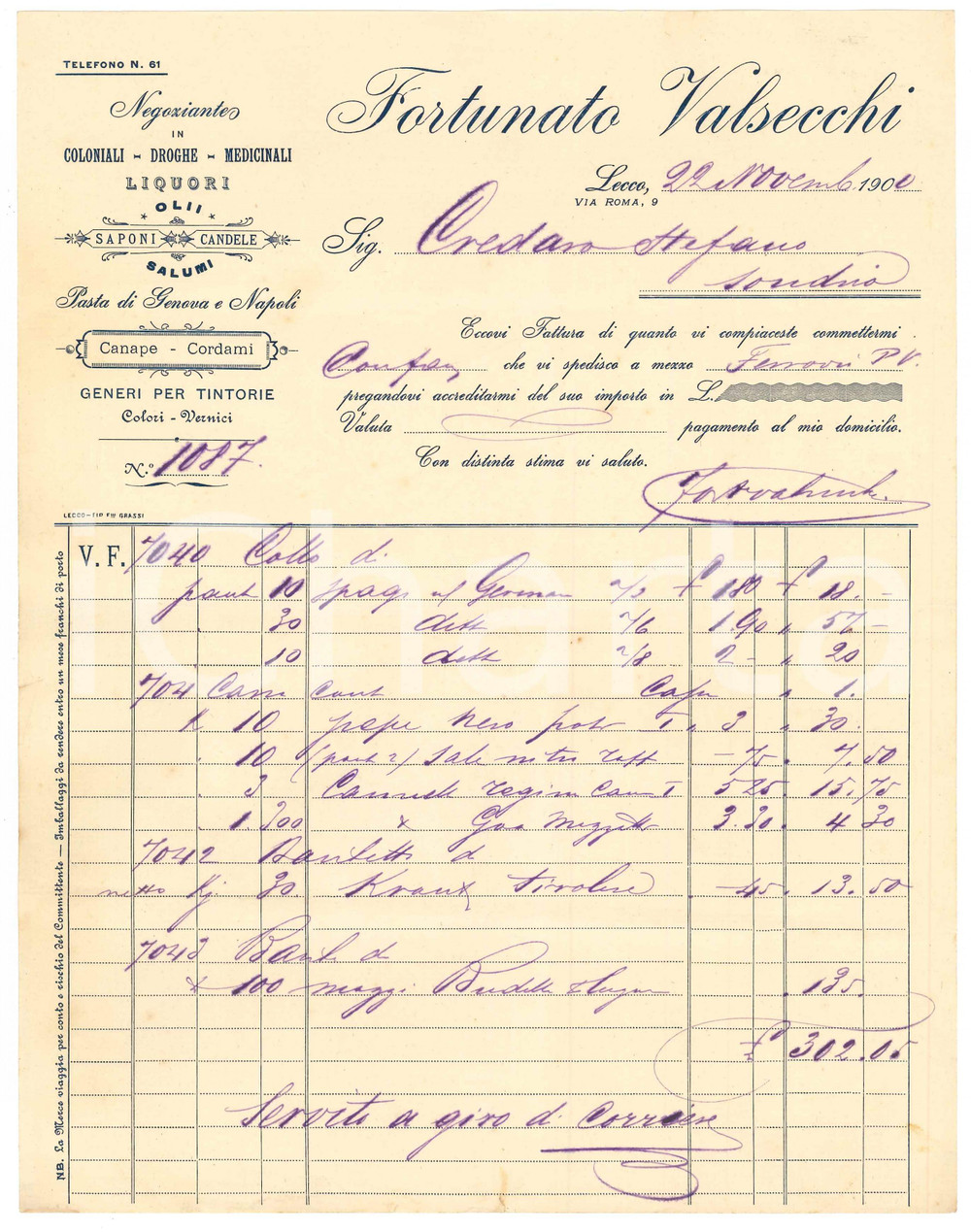 Documento originale, autentico 1900 LECCO Fortunato VALSECCHI Negoziante in coloniali e droghe  Fattura 1 1