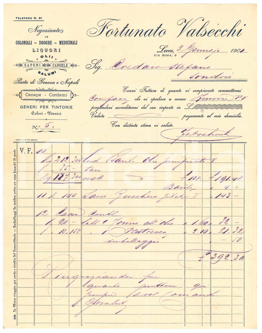 Documento originale, autentico 1900 LECCO Fortunato VALSECCHI Negoziante in coloniali e droghe  Fattura 2 1