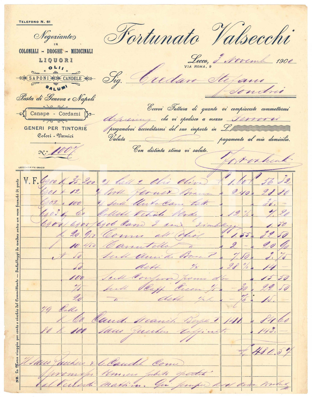 Documento originale, autentico 1900 LECCO Fortunato VALSECCHI Negoziante in coloniali e droghe  Fattura 3 1