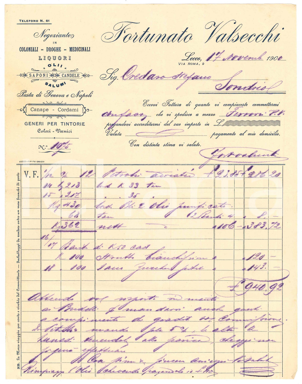 Documento originale, autentico 1900 LECCO Fortunato VALSECCHI Negoziante in coloniali e droghe  Fattura 4 1