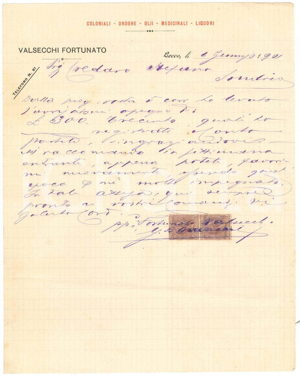 Documento originale, autentico 1901 LECCO Fortunato VALSECCHI Negoziante in coloniali  Lettera commerciale 1