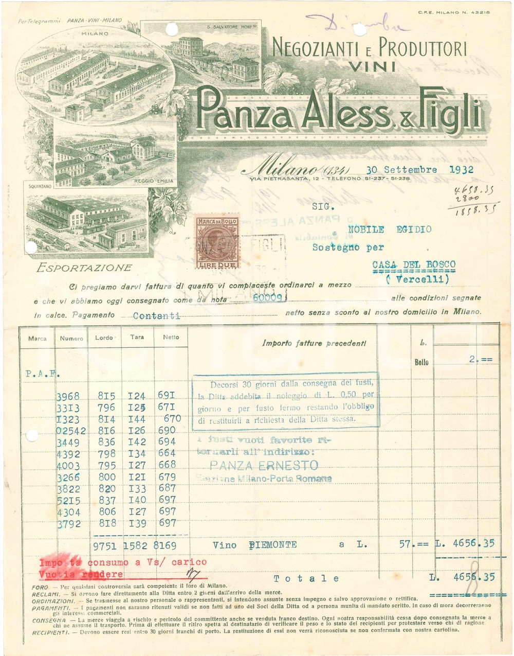 1932 MILANO Aless. PANZA & Figli - Via Pietrasanta 12 - Viticoltori - Fattura 16 Fattura commerciale d'epoca, dattiloscritta, su carta intestata illustrata.Presente marca da bollo. CONDIZIONI: FAIR (piegature d'epoca, fori da classificatore al margine superiore)PAGINE: 1    originale e autentica 1