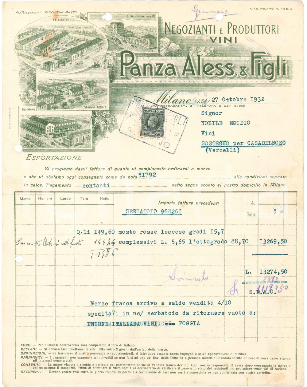 1932 MILANO Aless. PANZA & Figli - Via Pietrasanta 12 - Viticoltori - Fattura 17 Fattura commerciale d'epoca, dattiloscritta, su carta intestata illustrata.Presente marca da bollo. CONDIZIONI: FAIR (piegature d'epoca, fori da classificatore al margine superiore)PAGINE: 1    originale e autentica 1