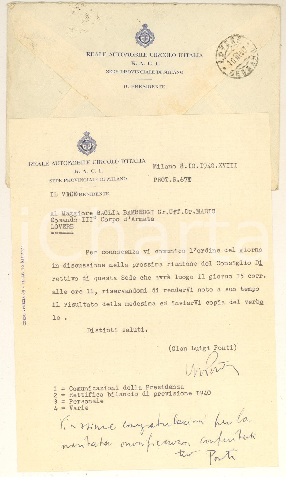 Autografo originale 1940 MILANO R.A.C.I. Lettera Gian Luigi PONTI  Congratulazioni Autografo 1