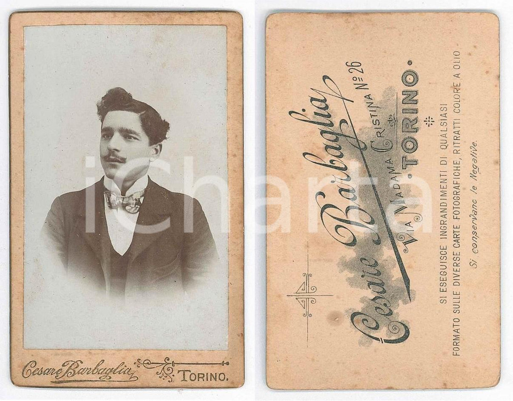 Fotografia d epoca originale 1900 ca TORINO Ritratto di giovane uomo Foto Cesare BARBAGLIA CDV 1