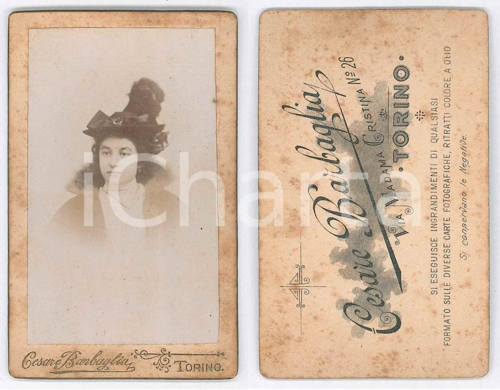 Fotografia d epoca originale 1900 ca TORINO Ritratto di giovane donna con cappello Foto Cesare BARBAGLIA CDV 1