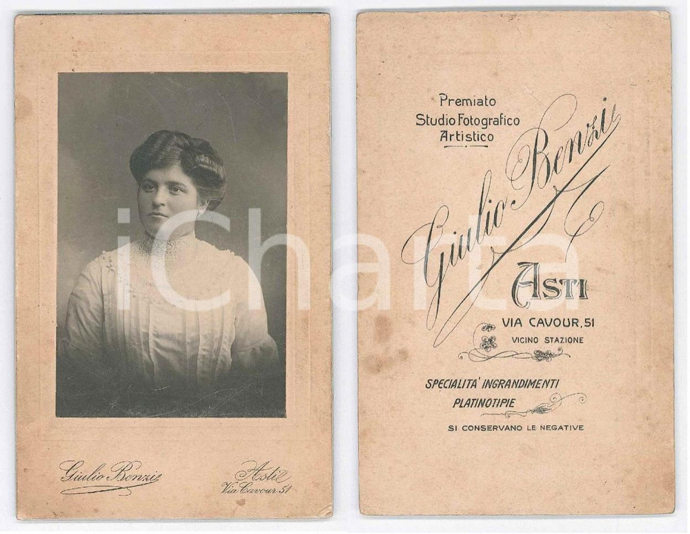 Fotografia d epoca originale 1900 ca ASTI Ritratto di giovane donna  Foto Giulio BENZI CDV 1