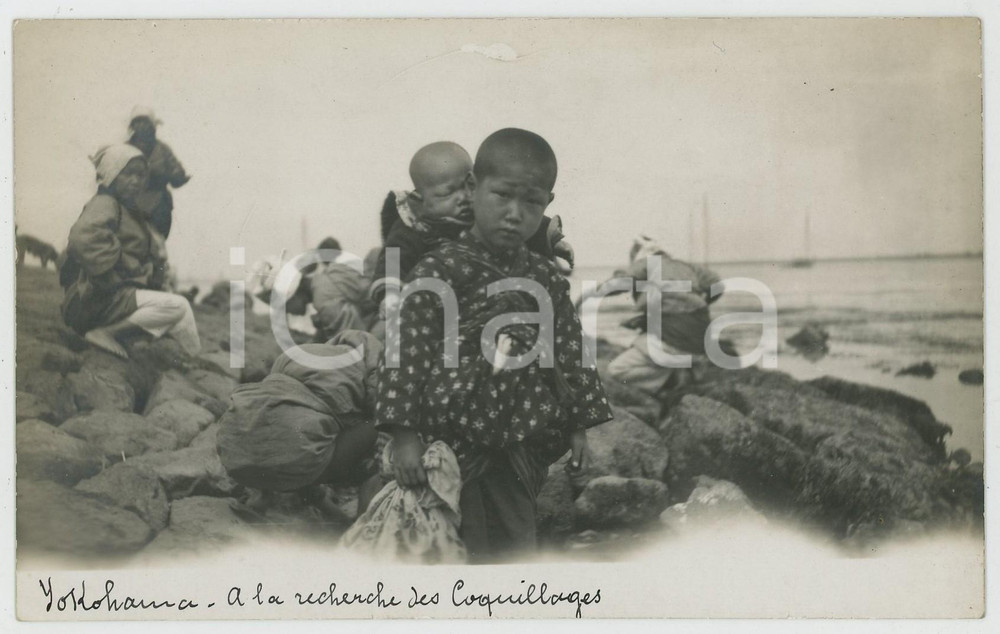 1920 ca YOKOHAMA (JAPAN) Enfants à la recherche des coquillages - Photo postcard  Fotocartolina d'epoca, con didascalia manoscritta originale al lato inferiore.AUTORE: Photo Compagnie BelgeCONDIZIONI: GFORMATO: FP    originale e autentica 1