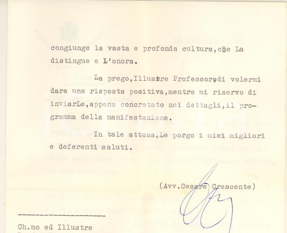 1961 PADOVA Lettera sindaco Cesare CRESCENTE - Centenario NIEVO *Autografo Lettera dattiloscritta, con firma autografa del sindaco di Padova, relativa alle celebrazioni del centenario della morte di Ippolito Nievo.Su carta intestata.PAGINE: 4 (2 scritte) GOOD/buono piegature d'epoca  originale e autentica 1