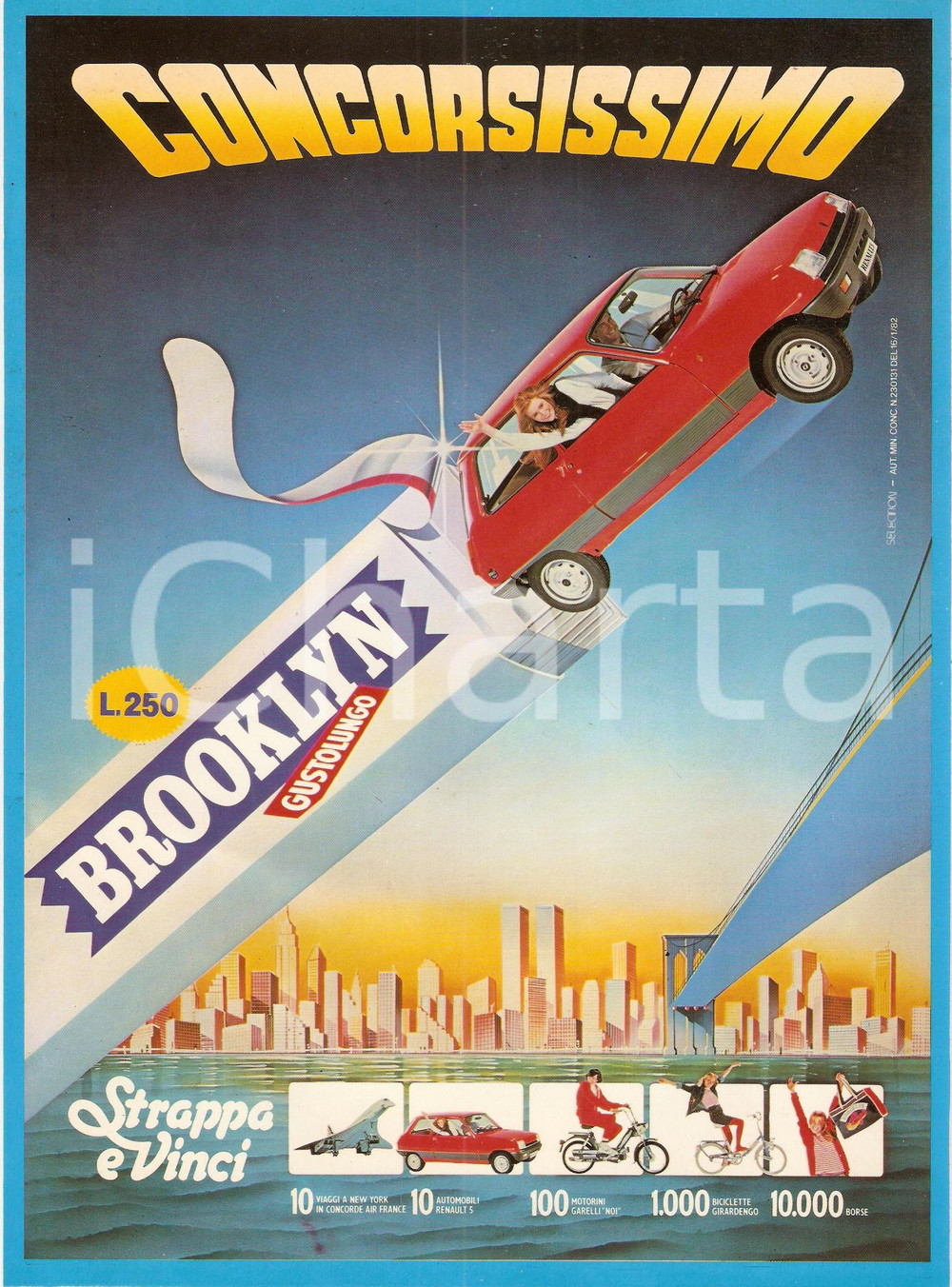 Materiale pubblicitario d’epoca 1982 LAINATE MI Perfetti Concorsissimo BROOKLYN vinci RENAULT 5 Locandina 2 1