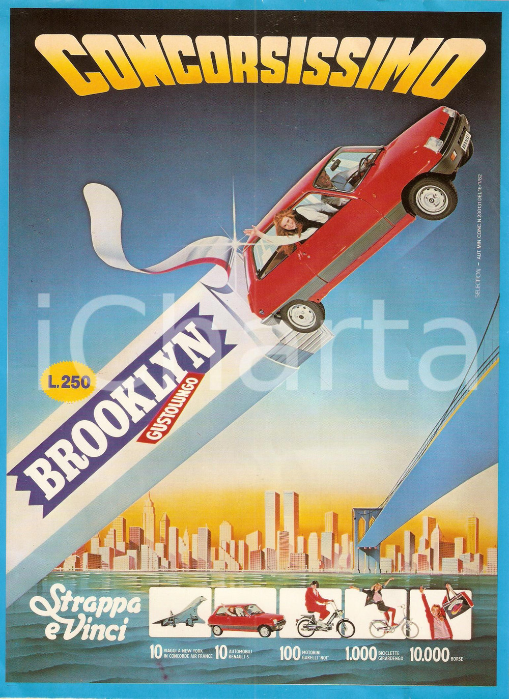 Materiale pubblicitario d’epoca 1982 LAINATE MI Perfetti Concorsissimo BROOKLYN vinci RENAULT 5 Locandina 4 1