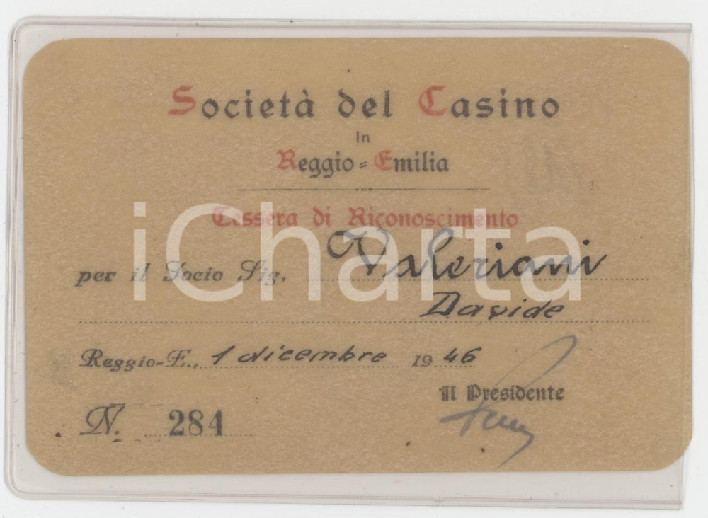 1946 REGGIO EMILIA Società del Casino - Tessera di riconoscimento 10x6 cm Tessera d'epoca.  GOOD/buono  Formato: 10x6 cm originale e autentica 1